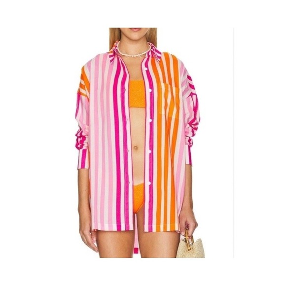 Beach Riot Alexa Sunset‎ Stripe Button Down Swim Cover-Up Shirt Large Petite - Picture 3 of 6